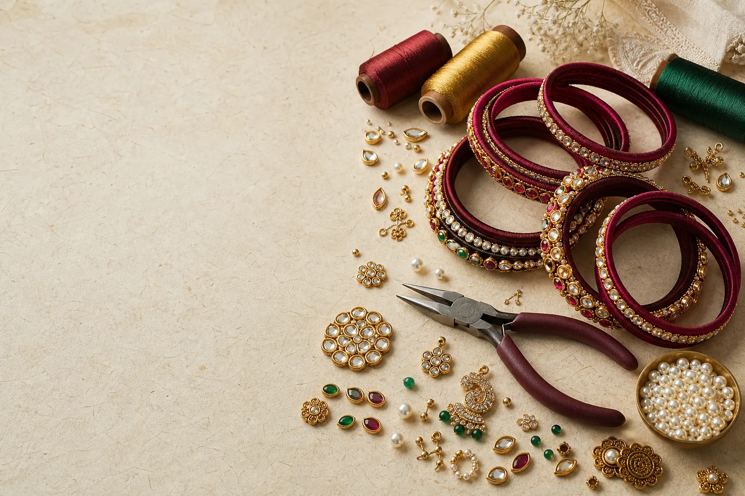 Silk threads, Kundan stones, tools and handcrafted thread bangles arranged for bangle making